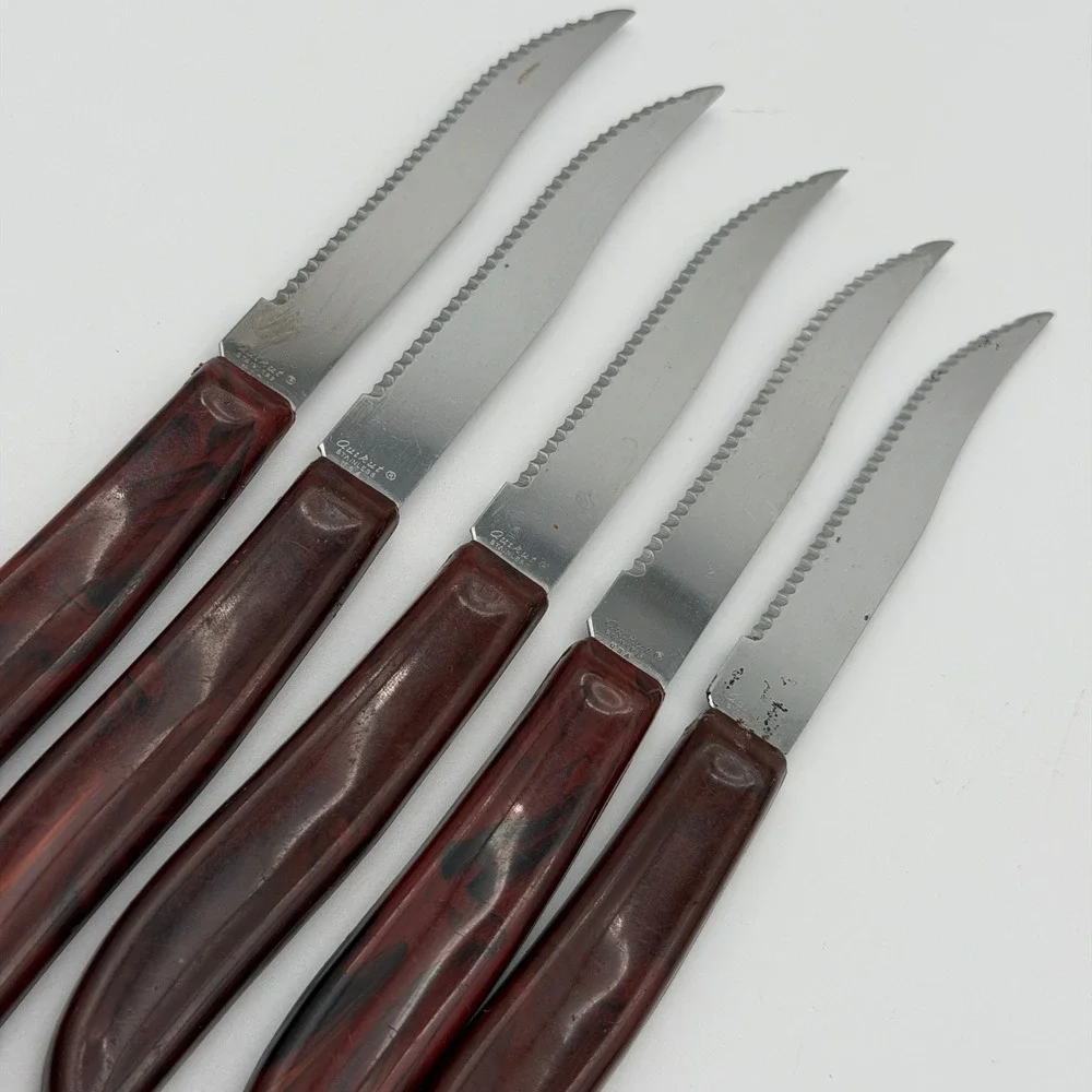 Vintage Quikut Stainless Steel Steak Knives Set of 5 Faux Tortoise Shell USA